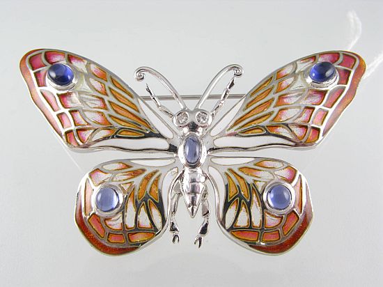 Lot 161. A PLIQUE A JOUR ENAMEL AND SILVER BUTTERFLY BROOCH.<br>Est $360-400