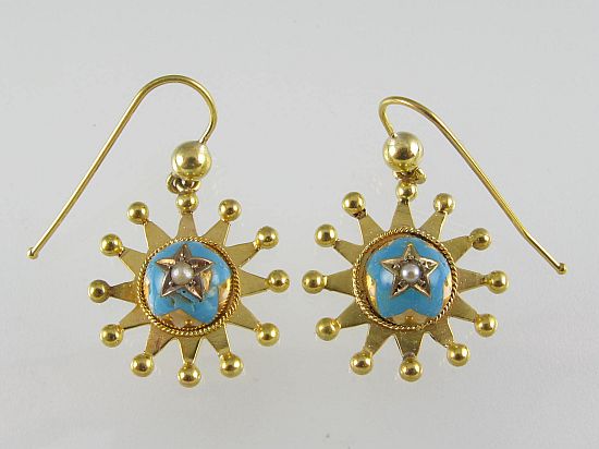 Lot 251. A PAIR OF VICTORIAN PEARL AND TURQUOISE ENAMEL STAR-BURST EARRINGS; 18ct gold. <br>Est $250-350