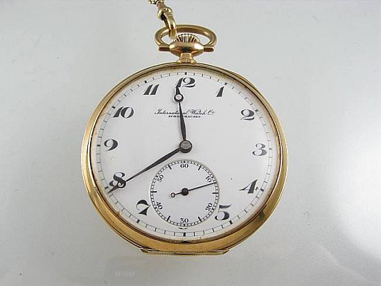 Lot 169. A 14ct GOLD OPEN-FACE POCKET WATCH by I.W.C. (Schaffhausen) with dress chain.<br>Est $1000-1200
